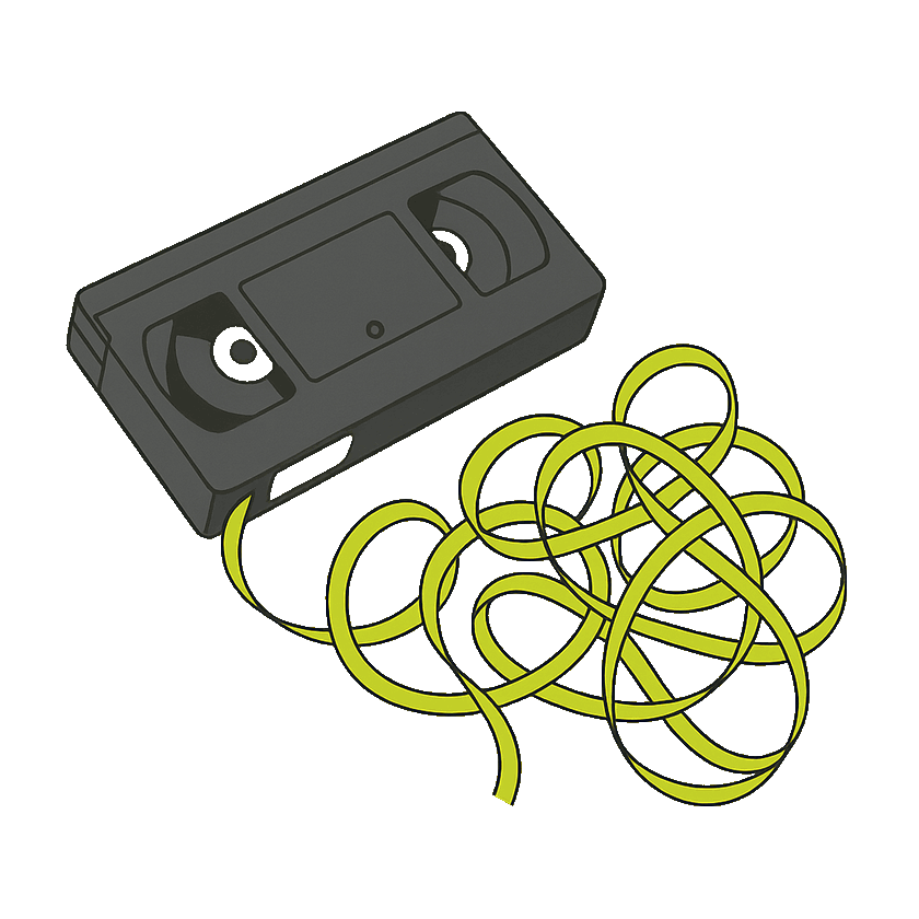 A VHS tape with its film spilled out into a tangled knot
